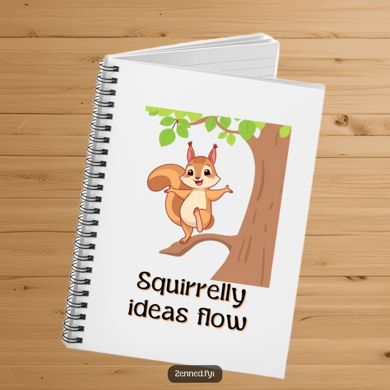 Funny notebook cover featuring a cheerful squirrel balancing in a tree pose, inspiring insightful thoughts and humorous planning.