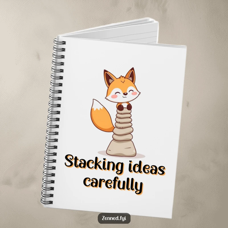 Funny Fox Notebook: A cheerful fox balances stone cairns on the cover, ideal for humorous journaling.