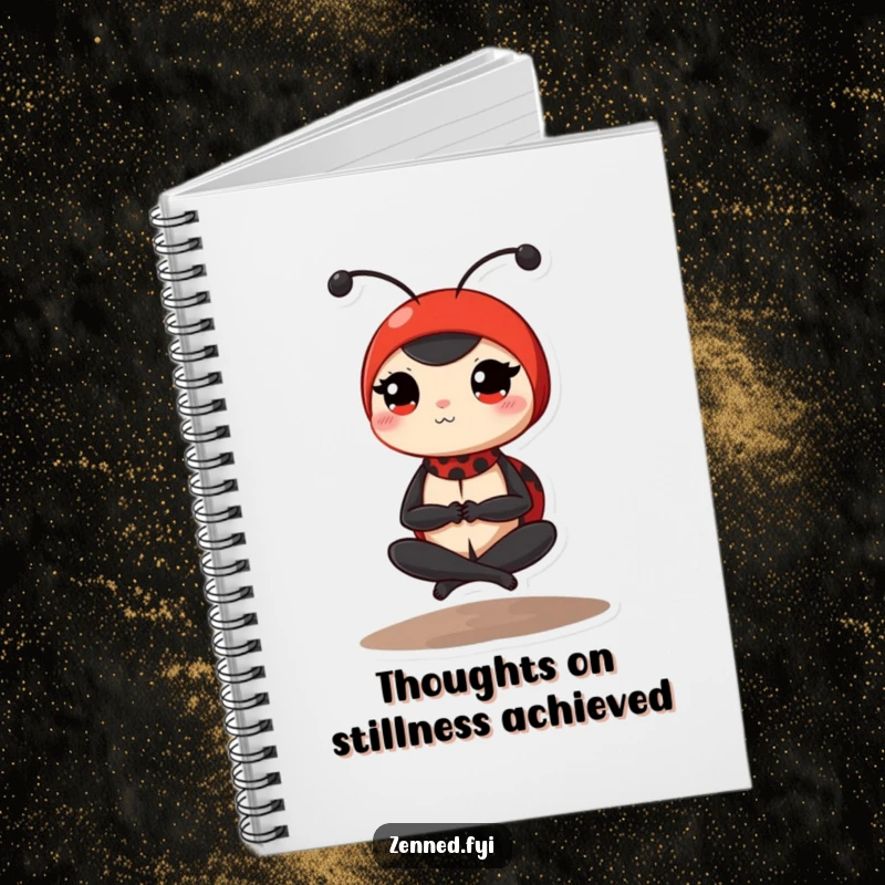 Funny ladybug notebook with a determined red ladybug in a peaceful, cross-legged yoga pose, perfect for jotting down serene and humorous notes.