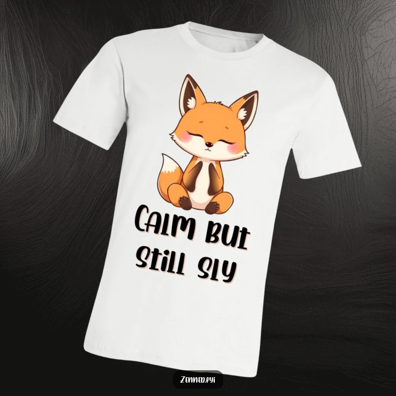Funny t-shirt depicting a curious fox practicing mindful breathing with eyes closed, symbolizing serenity and peaceful contemplation.