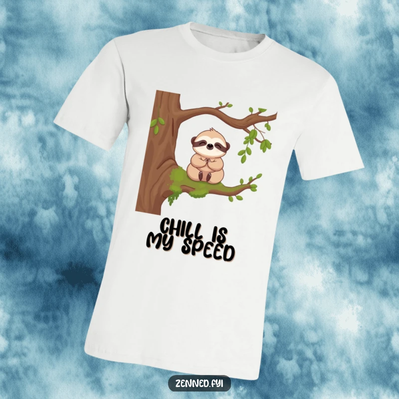 Funny t-shirt showcasing a kawaii sloth in a serene meditation pose on a mossy branch, perfect for creature comfort.