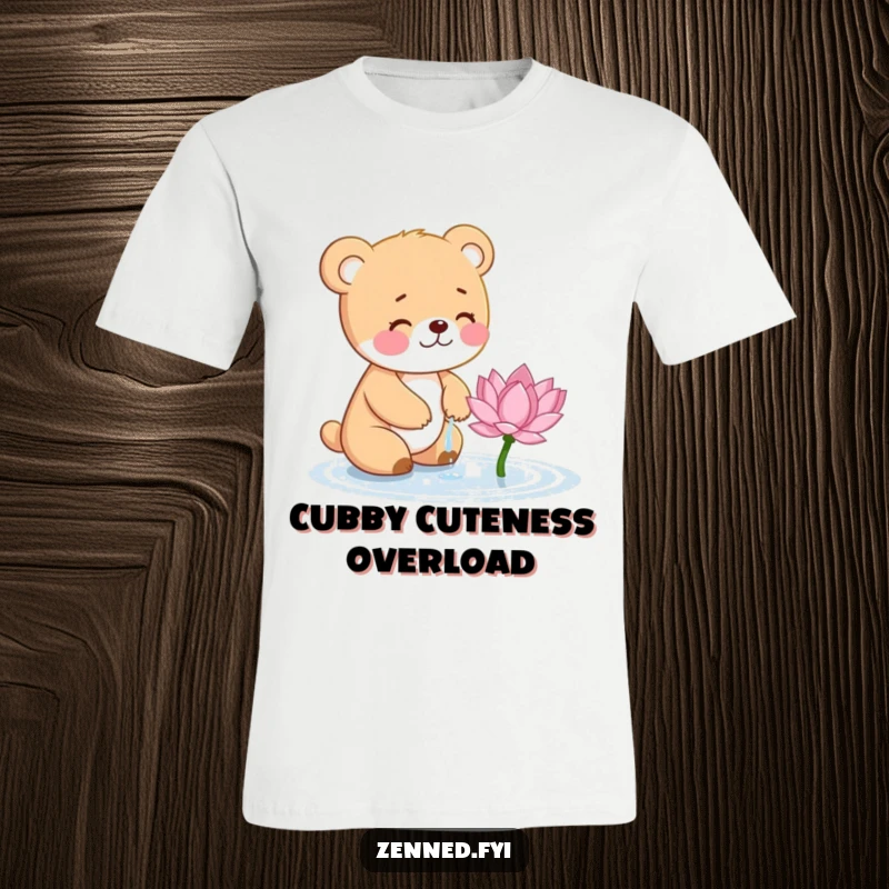Funny Bear Cub T-Shirt: A small, giggling bear cub waters a tiny, vibrant lotus flower with care.