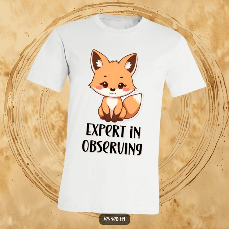 Funny t-shirt showcasing a curious fox character with a gentle, steady gaze, perfect for contemplation and quiet moments.