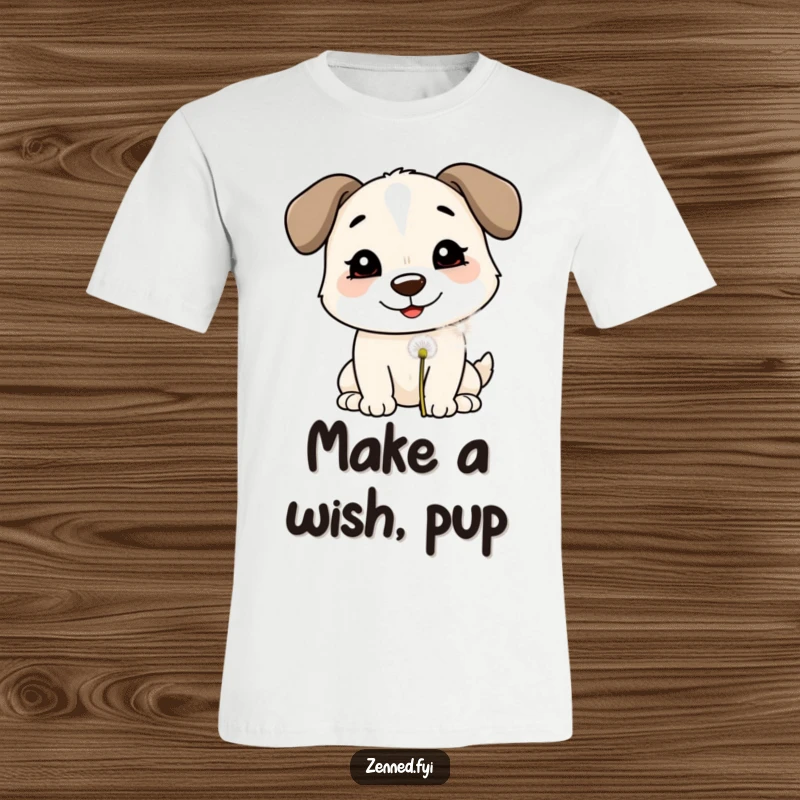 Funny T-Shirt: A smiling dog gently blowing on a dandelion puff, spreading wishes and canine joy with a happy expression.