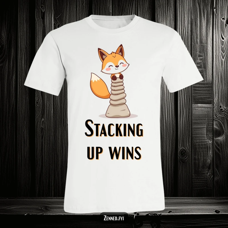 Funny fox character carefully balancing a tiny stack of stone cairns with practiced ease, printed on a humorous t-shirt.