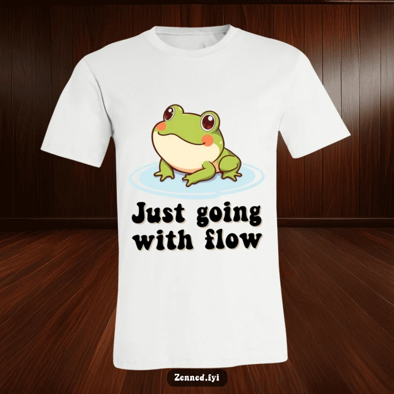 Funny frog floating t-shirt showing a happy frog resting on water. Humorous and comfortable apparel for relaxation.