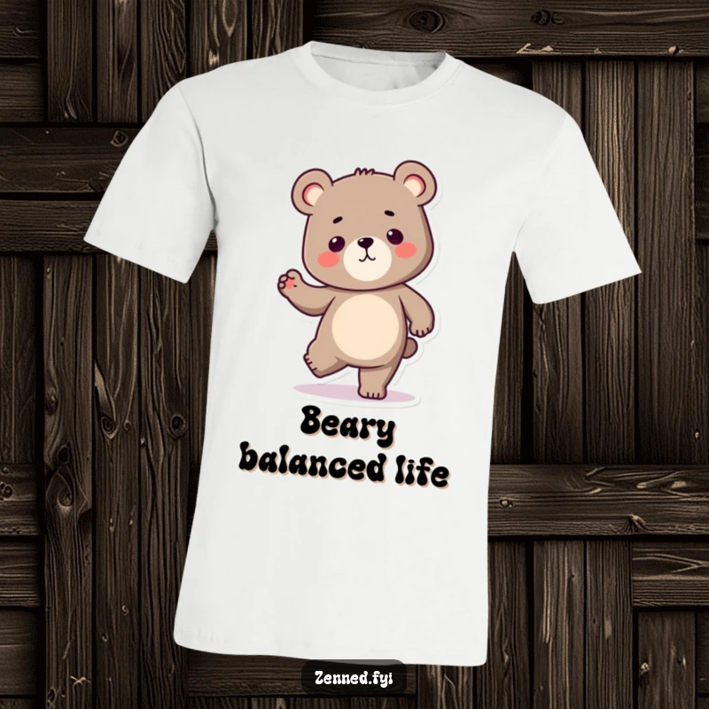 Funny Kawaii bear t-shirt showcasing a determined character balancing on one leg, representing strength and perseverance, great for gifting.