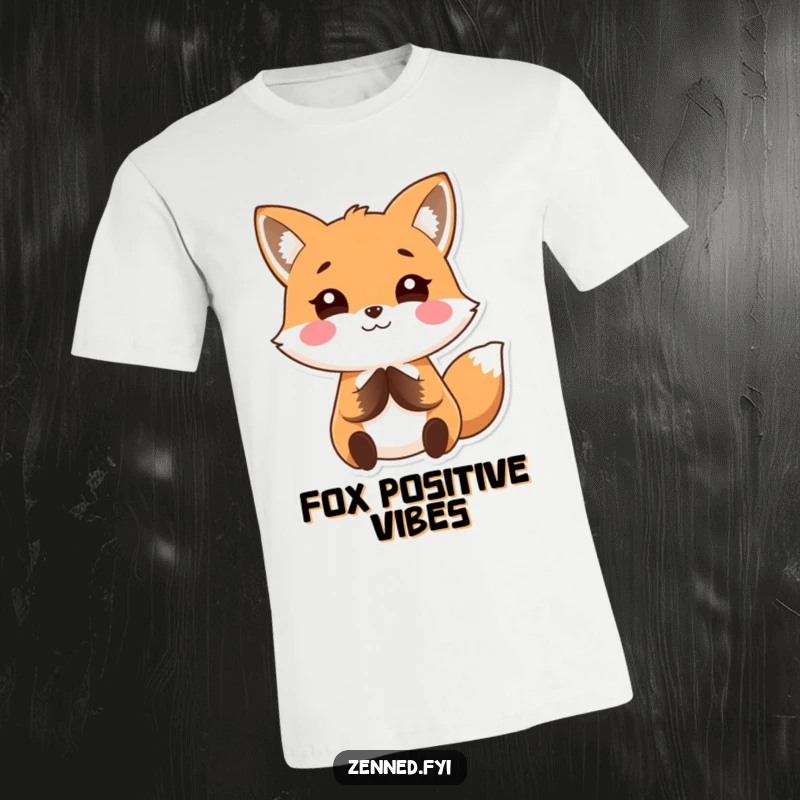 Funny Kawaii fox t-shirt showcasing a smiling character with hands pressed together, radiating calm and peace, great for gifting.