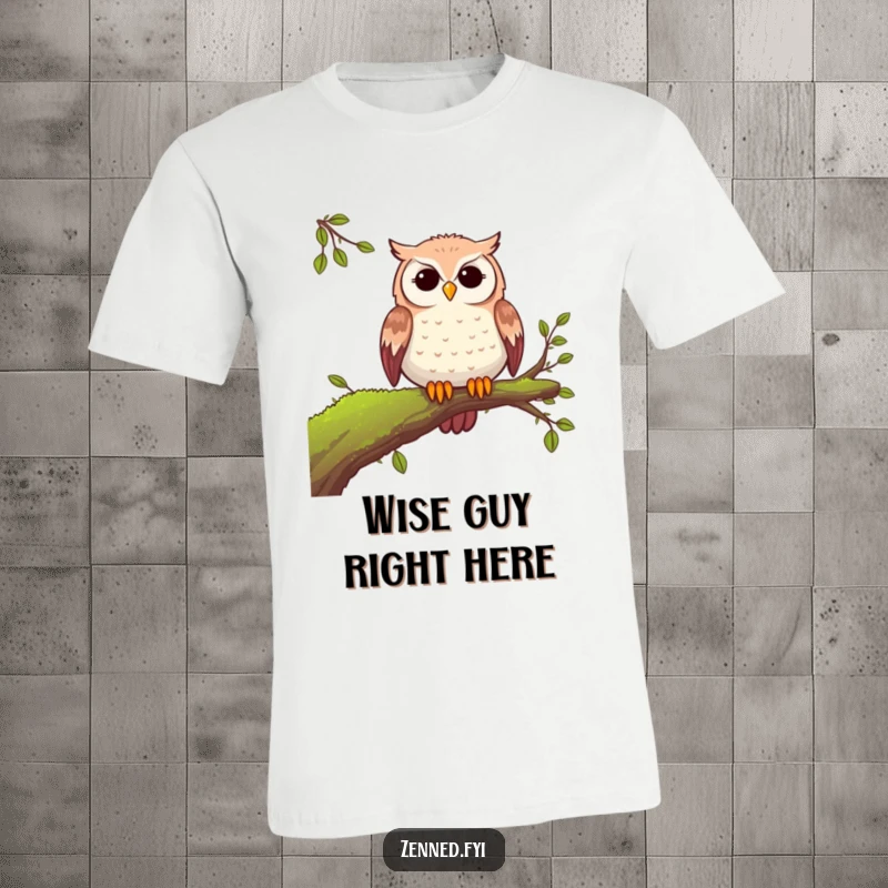 Funny peaceful owl t-shirt depicting a serene owl resting on a mossy branch, a symbol of quiet wisdom and natural charm.