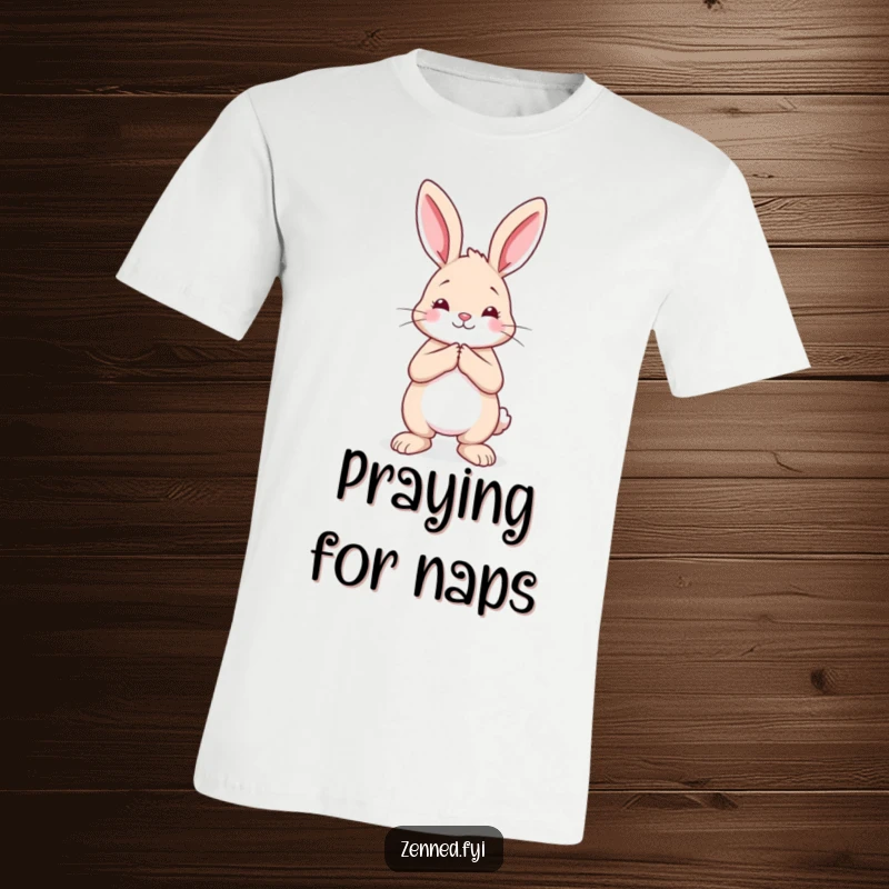 Funny rabbit t-shirt featuring a calm animal with hands pressed together, embodying peace and gentle humor.