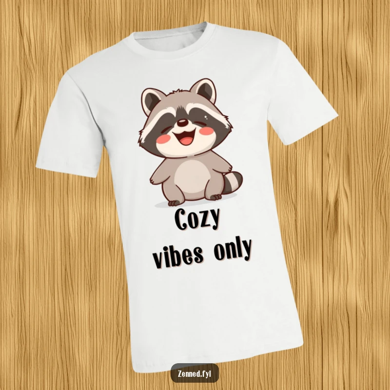 Funny T-Shirt featuring a delighted raccoon radiating calm and contented energy with a happy expression.