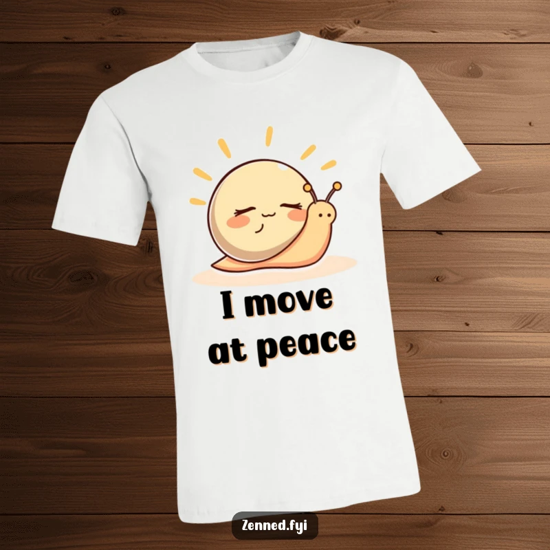 Funny T-Shirt with a peaceful snail character with closed eyes, radiating hilarious calm and unhurried charm.