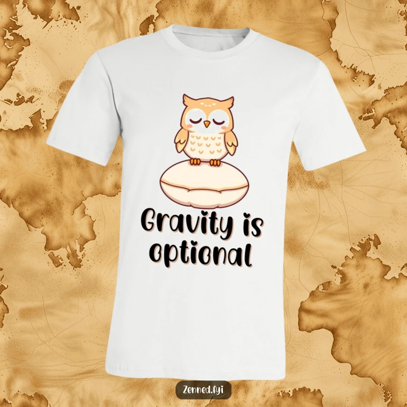 Funny owl character peacefully floating a few inches above a cushion, printed on a magical and humorous t-shirt.
