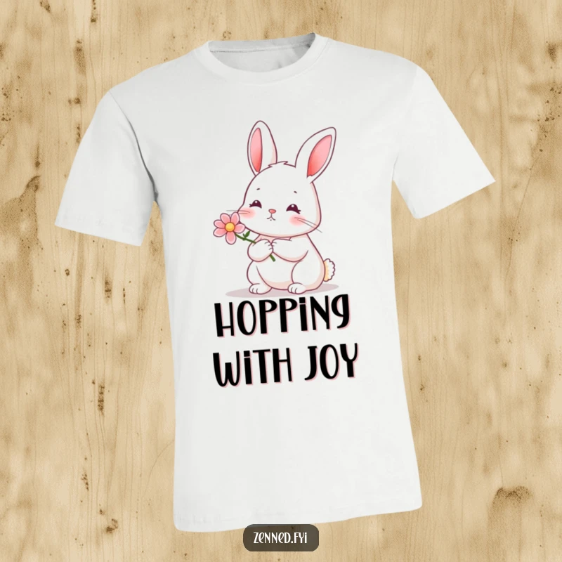 Funny rabbit flower t-shirt depicting a serene rabbit holding a tiny blooming flower with a peaceful expression.