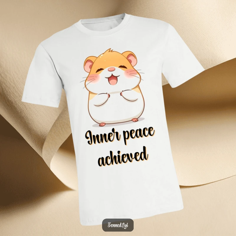 Funny T-Shirt with a giggling hamster finding inner peace, meditating with a tranquil and happy expression.