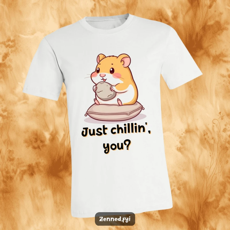 Funny hamster t-shirt showing a content hamster on a cushion, holding a smooth stone, representing calm and simple contentment.