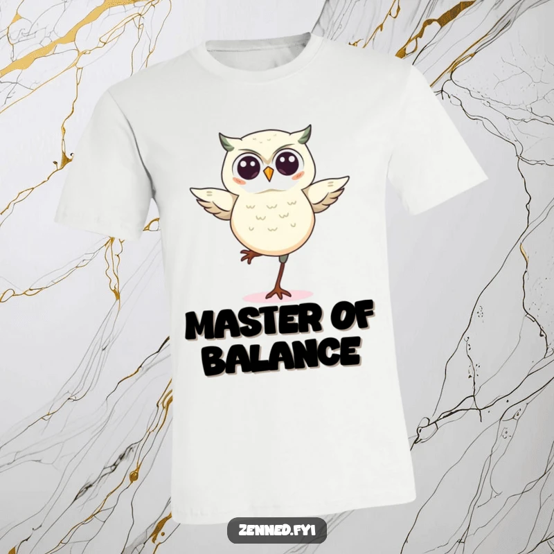 Funny kawaii owl t-shirt, cute illustration of an owl balancing on one leg with a funny, determined expression.