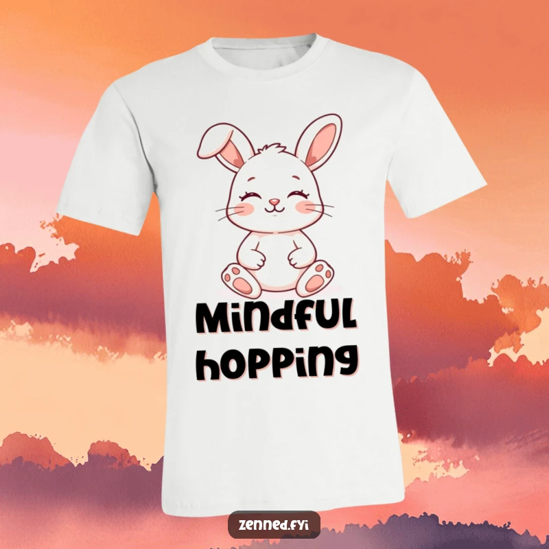 Funny Zen Bunny T-Shirt showing a peaceful bunny meditating with eyes closed, embodying serenity and humor.