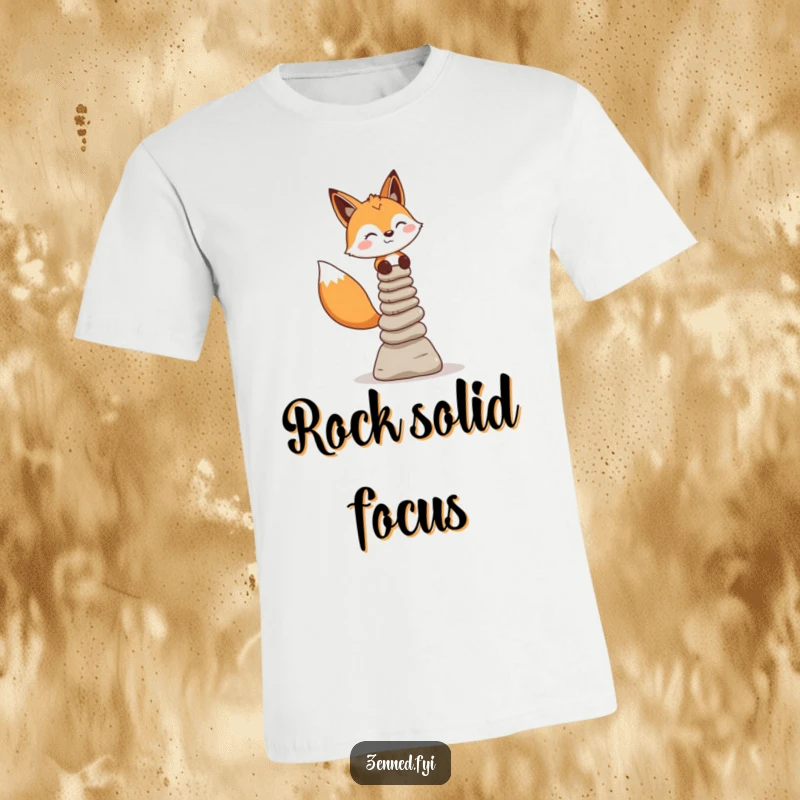 Funny Fox T-Shirt: A cheerful fox masterfully balances delicate stone cairns, radiating peace and humor.