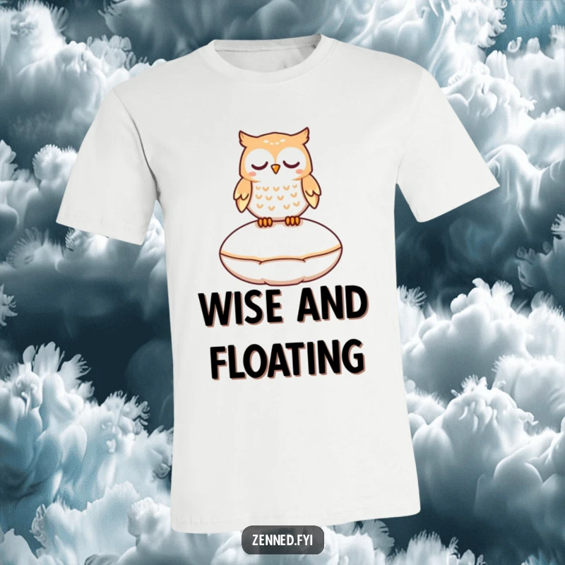 Funny t-shirt depicting a peaceful owl character gently floating a few inches above a smooth, round cushion.