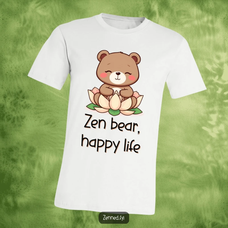 Funny bear in a peaceful meditation pose on a lotus flower, printed on a t-shirt, a perfect funny gift.