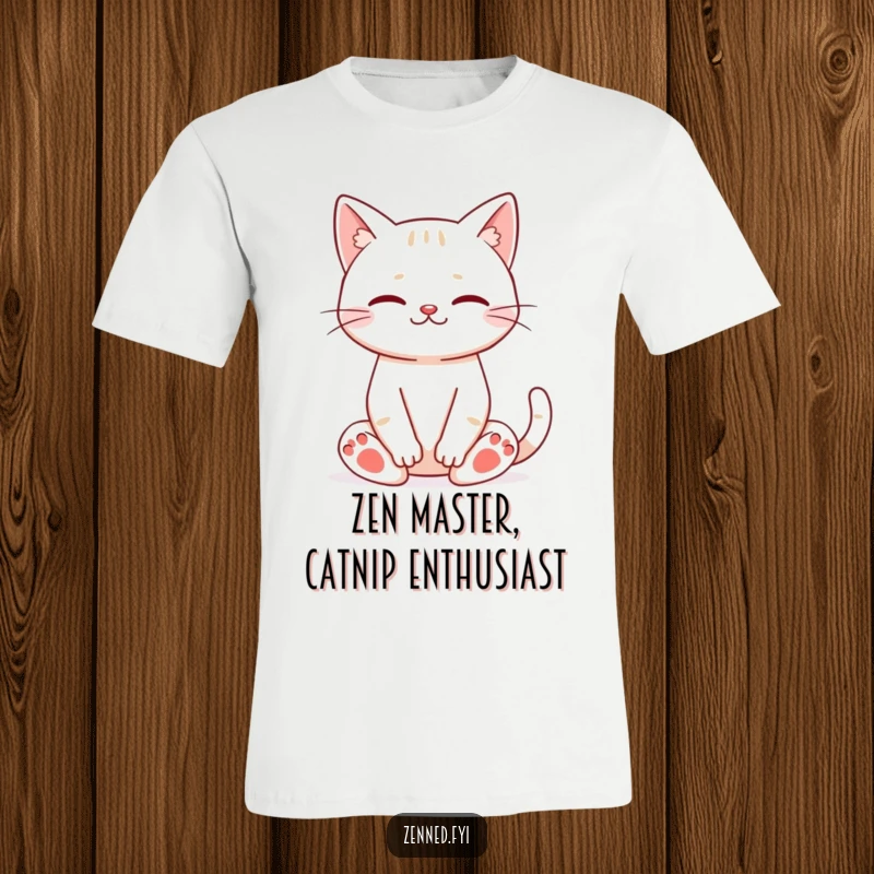 Funny cat meditation t-shirt showing a happy cat sitting cross-legged in deep meditation with a peaceful smile.