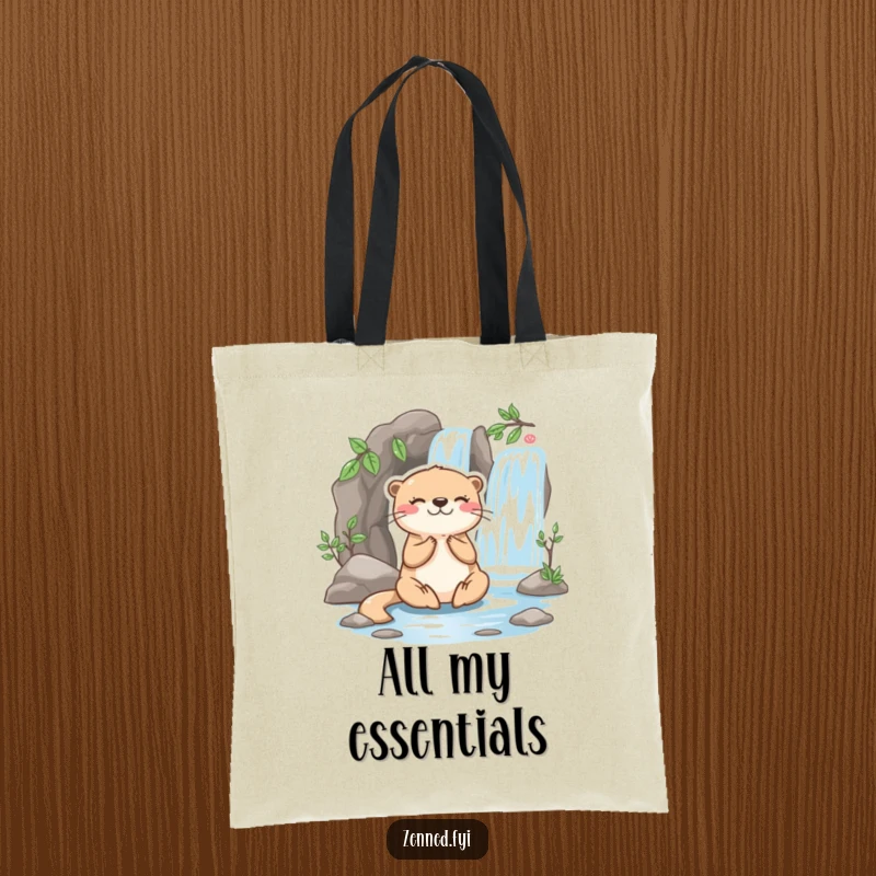 Funny otter tote bag with a playful character meditating happily beside a miniature flowing waterfall, perfect for carrying zen humorously.
