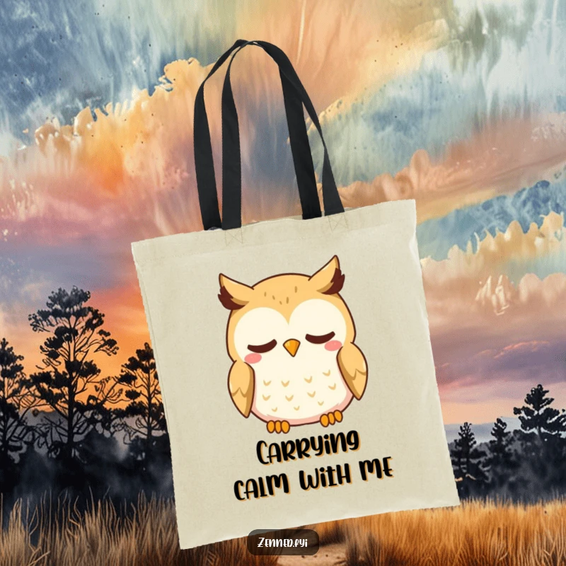 Funny Kawaii Owl Tote Bag: A cute tote featuring a curious owl with a gentle smile, breathing deeply, perfect for carrying daily necessities.