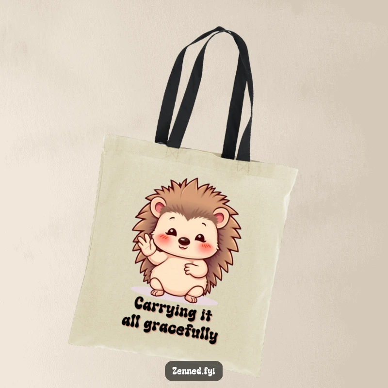 Funny hedgehog tote bag illustrated with a serene animal performing a graceful hand gesture, ideal for everyday use.