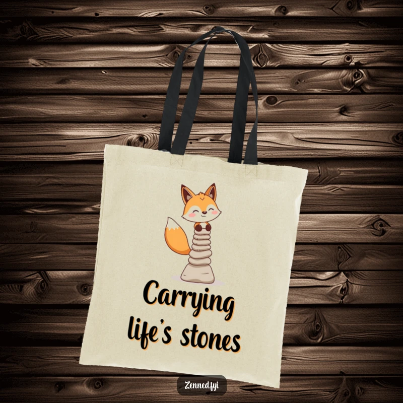 Funny Fox Tote Bag: Cheerful fox balances stone cairns, a humorous and practical accessory for everyday.