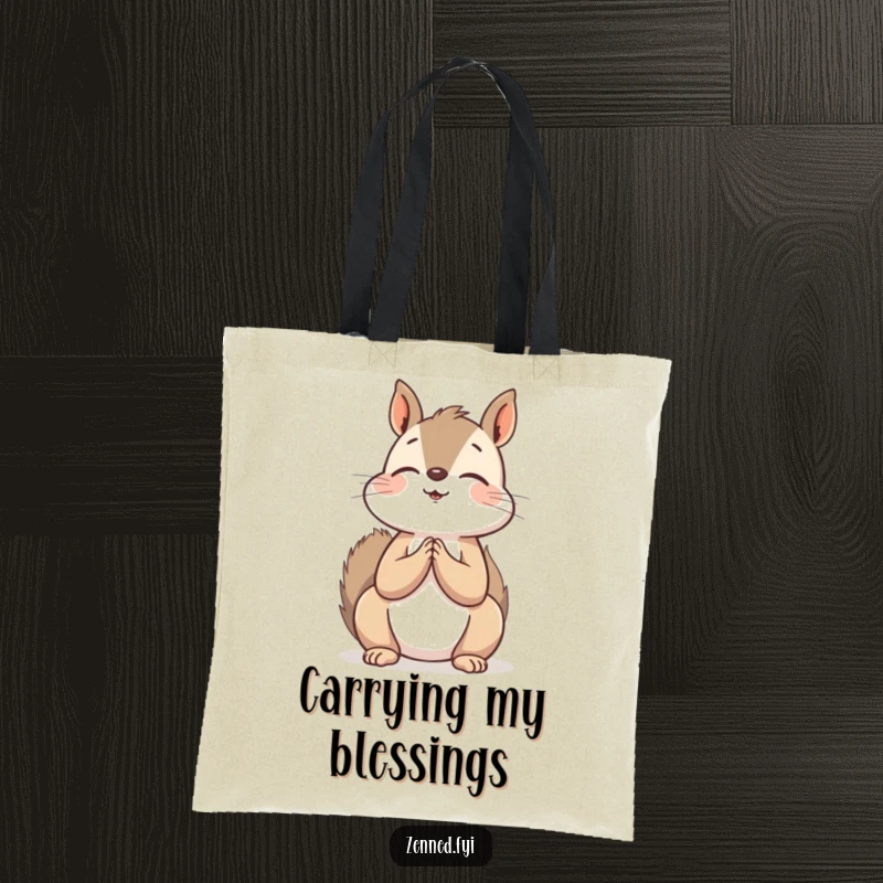 Funny Tote Bag: A peaceful squirrel praying, hands clasped, looking up, ideal for carrying your zen and a laugh.