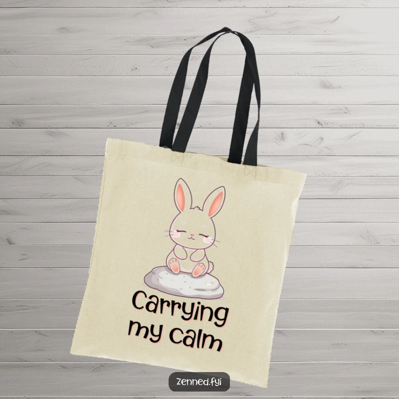 Funny tote bag featuring a serene white rabbit meditating on a stone, practical and humorous, excellent funny gift.