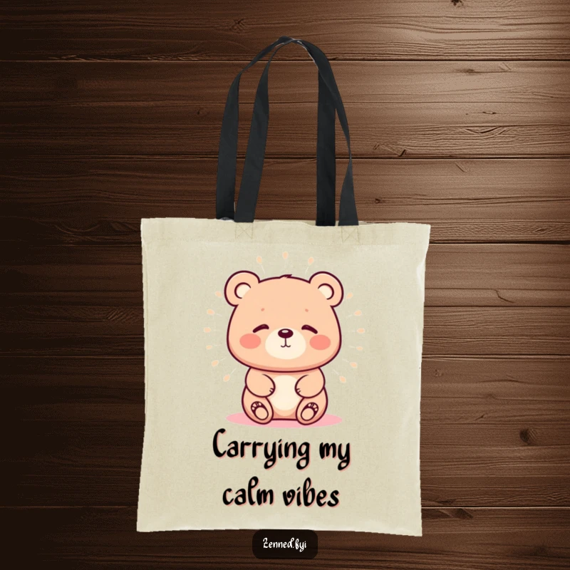 Funny tote bag with a kawaii bear emitting a calm, soft aura, promoting peace and humor with every use.