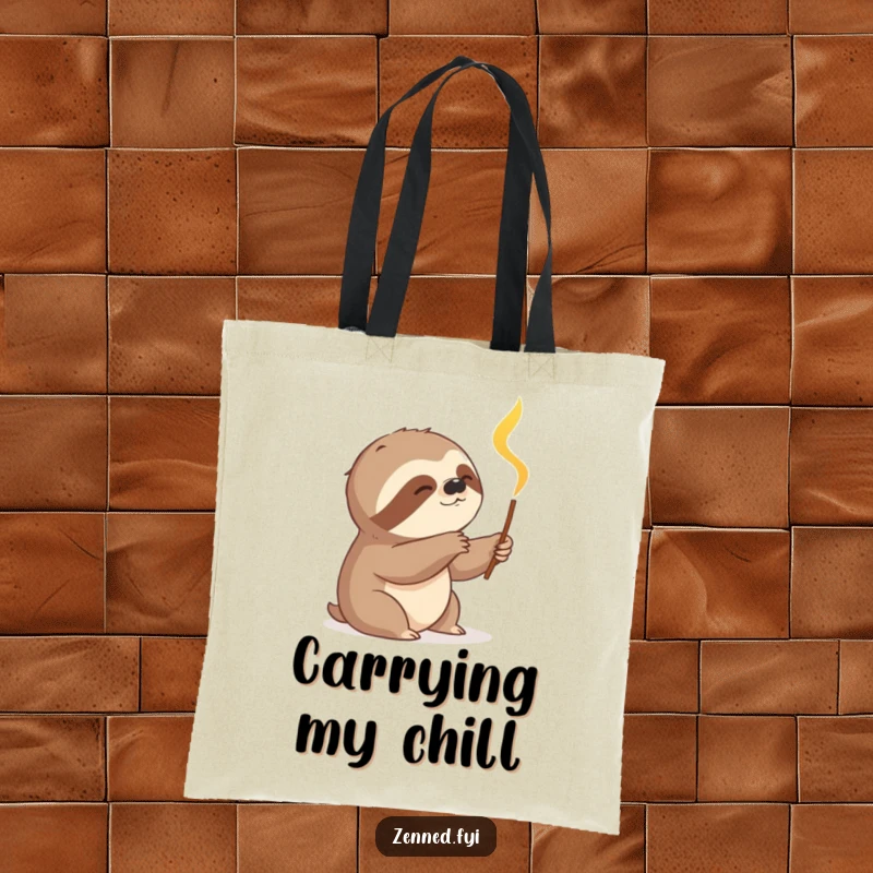 Funny sloth slowly reaching for a glowing incense stick on a tote bag, combining practicality with a humorous, relaxed design for a funny gift.