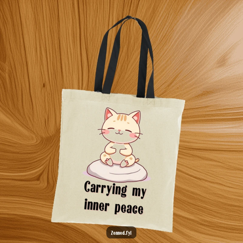 Funny Kawaii cat tote bag featuring a cheerful character meditating on a rock, perfect for carrying essentials with zen humor.