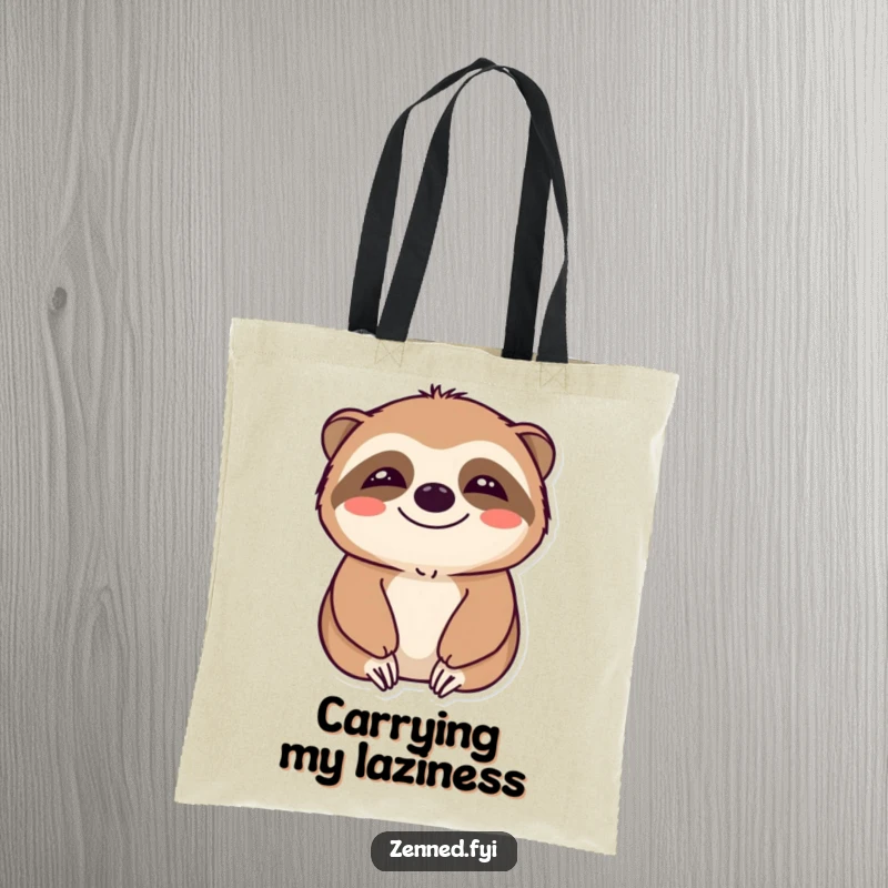 Funny tote bag with a smiling sloth character in a state of ultimate calm, perfect for carrying essentials leisurely.