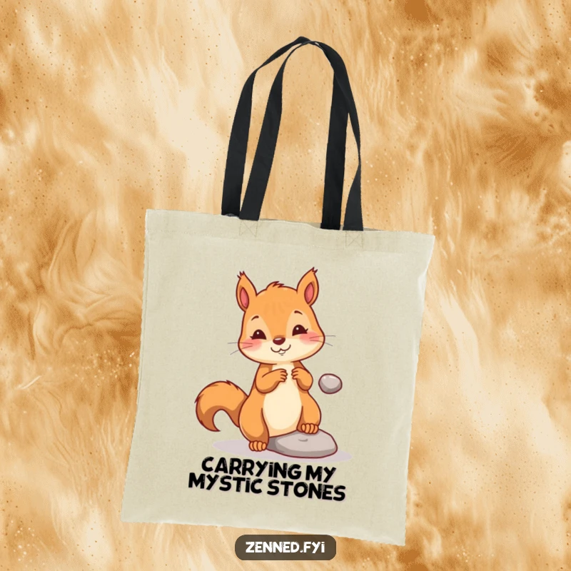 Funny tote bag with a playful squirrel gently levitating a tiny pebble, showcasing its magical abilities and charming personality.