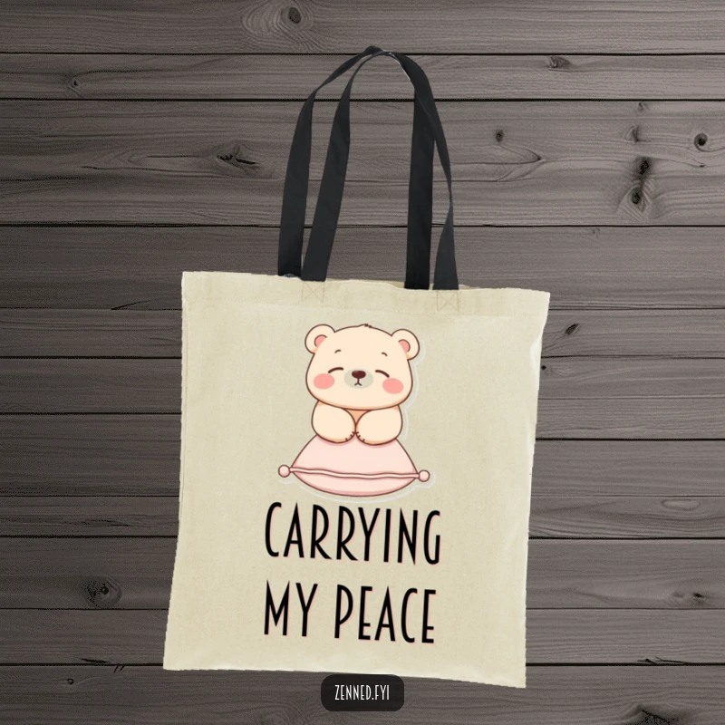 Funny tote bag featuring a calm bear floating above a cushion, perfect for carrying items with serene, humorous style.