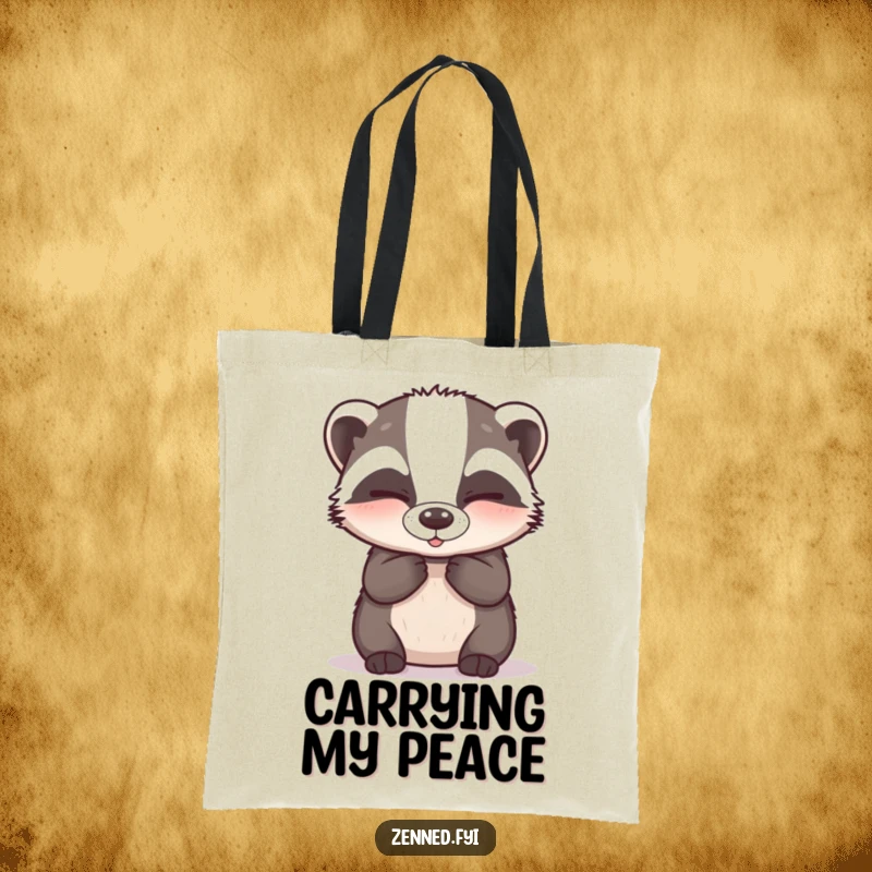 Funny Tote Bag: A happy badger breathing deeply with closed eyes, perfect for carrying zen and smiles.