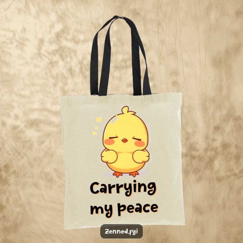 Funny tote bag featuring a serene yellow chick breathing deeply, practical and humorous, excellent funny gift.