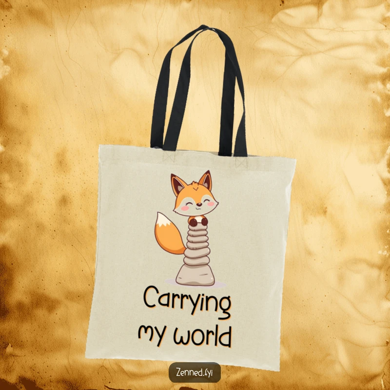 Funny fox character balancing stone cairns on a durable and humorous tote bag for carrying calm essentials.