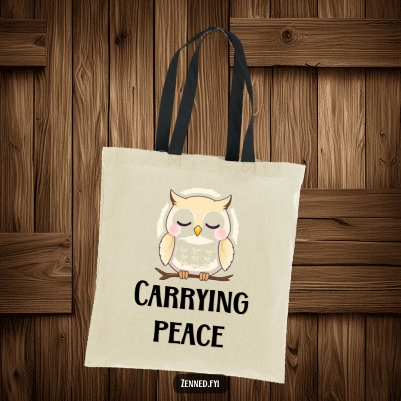 Funny tote bag with a peaceful owl in a gentle aura, symbolizing tranquility and mindful living.