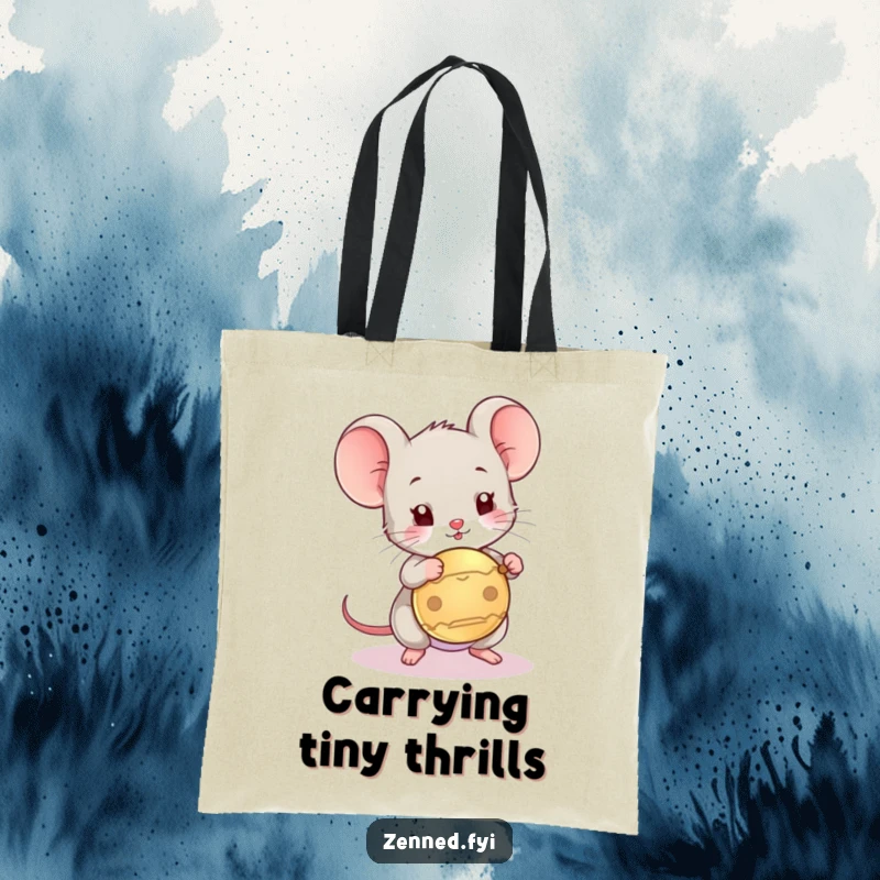 Funny tote bag with a playful mouse character hitting a gong, a humorous and practical accessory for daily use.