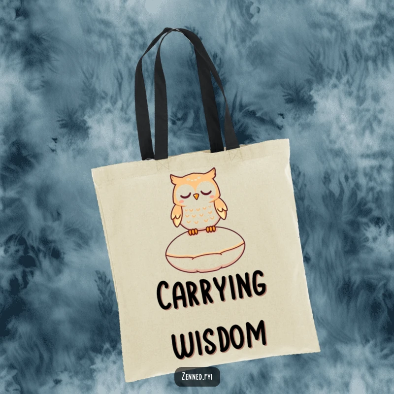 Funny tote bag with a peaceful owl character gently floating a few inches above a smooth, round cushion.