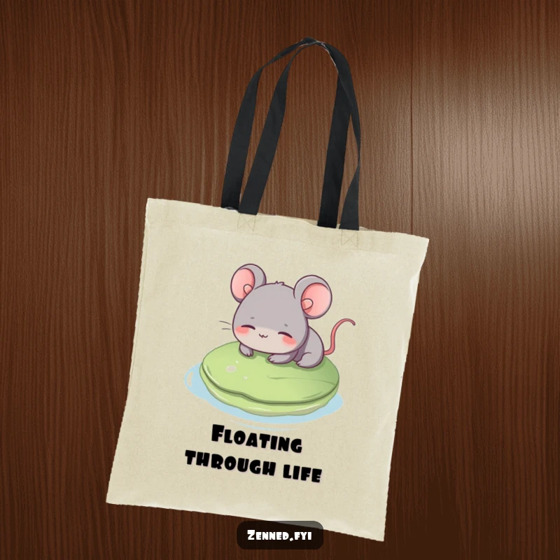 Funny grey mouse tote bag, floating serenely on a lily pad, smiling gently, stylish and practical, a charming funny gift.