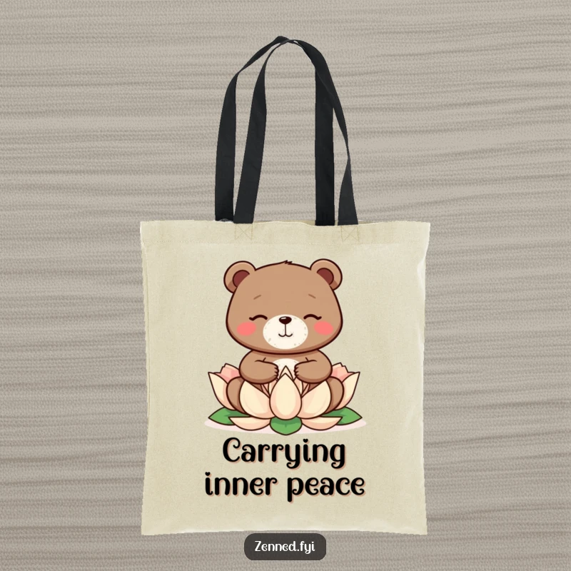 Funny bear meditating on a lotus flower, printed on a durable tote bag, a wonderful funny gift.