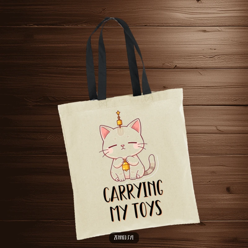 Funny cat tote bag with a serene character dangling a small bell above its head, completely still, perfect for carrying calm humor.