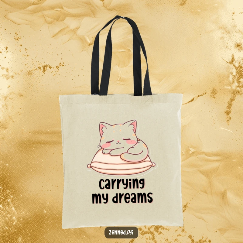 Funny Tote Bag featuring a content cat character sleeping on a cushion, a hilarious symbol of cozy relaxation.