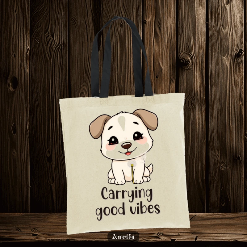 Funny Tote Bag: A smiling dog blowing on a dandelion puff, perfect for carrying items with whimsical charm and hopeful wishes.