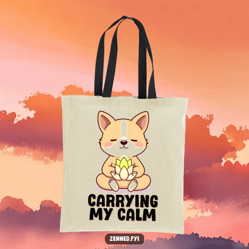 Funny Tote Bag: A serene dog meditating with a smiling lotus flower, perfect for carrying your zen and smiles.
